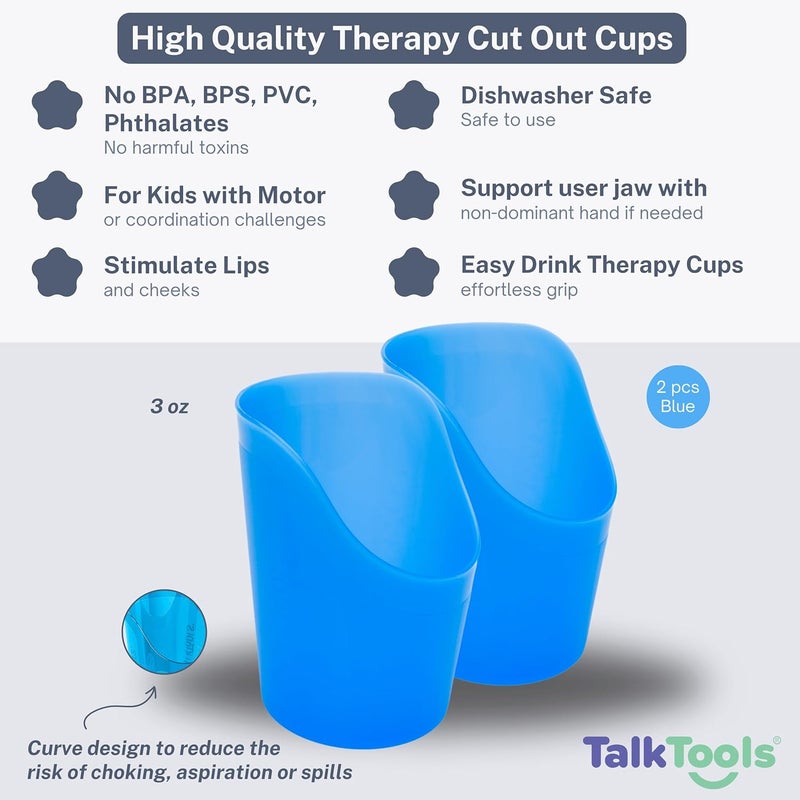 TalkTools Cut Out Cups - Motor and Coordination Support | Drinking Glass for Stable and Fixed Position | Special Drinking and Therapy Training Cup | Easy to Grip and Sipping | 3 oz Blue (2 Pk) - Image 2
